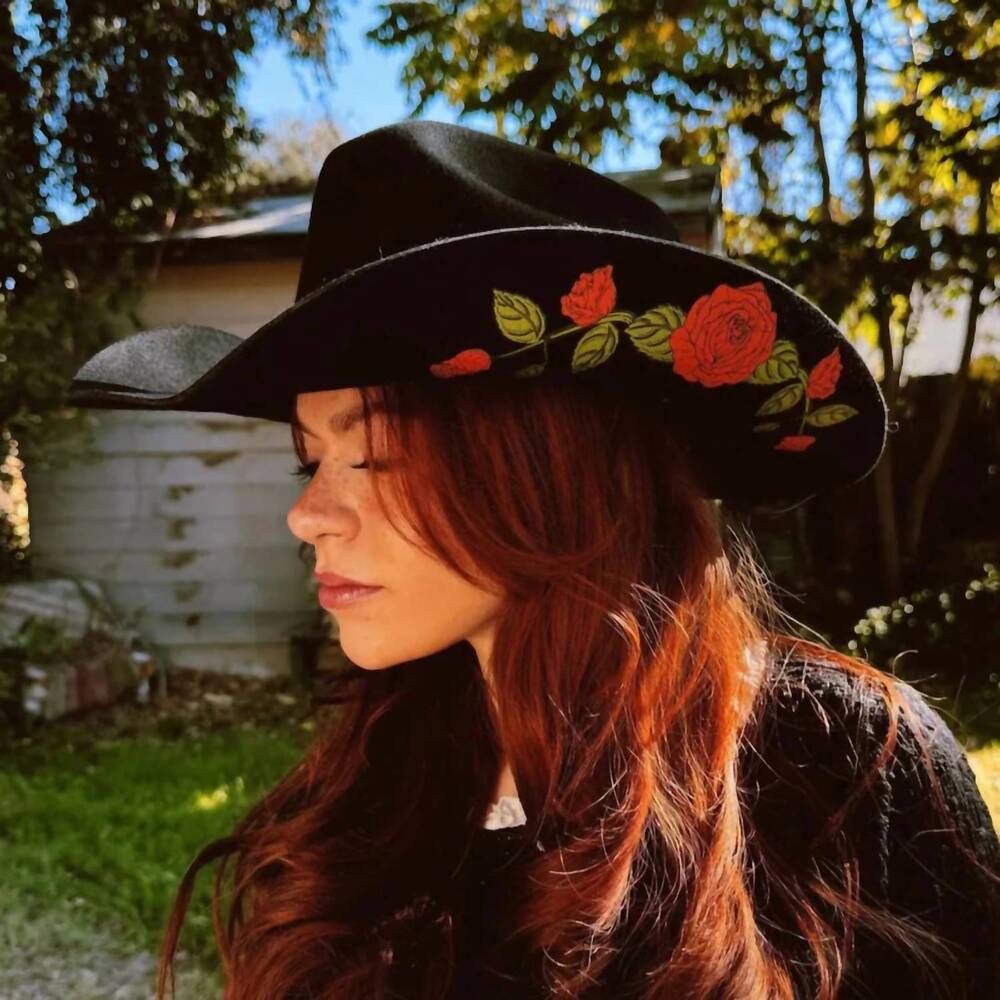 Black Felt Western Hat with Red Rose Embroidery